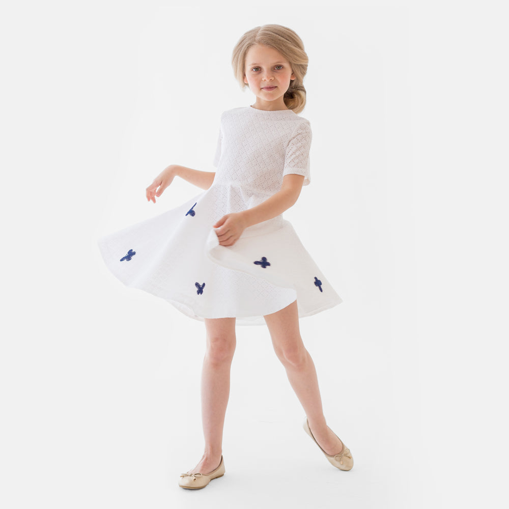 Blue Butterflies Perforated Dress in White