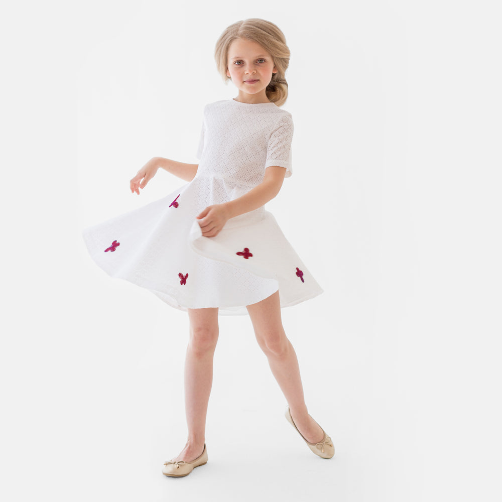 Red Butterflies Perforated Dress in White