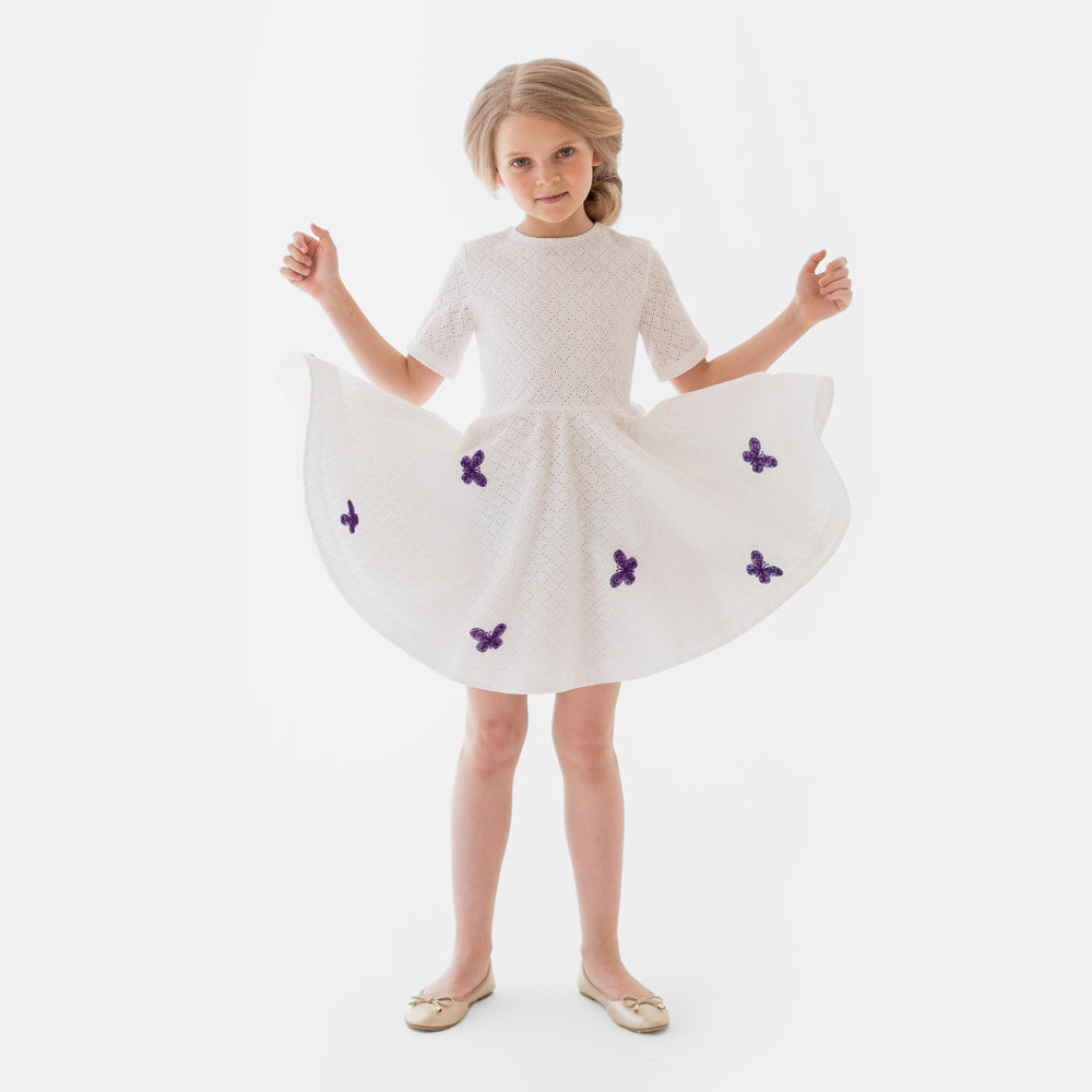 Purple Butterflies Perforated Dress in White