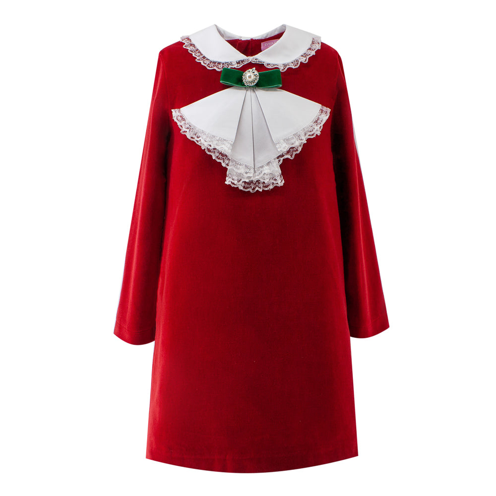 Green Bow Velour Dress in Red