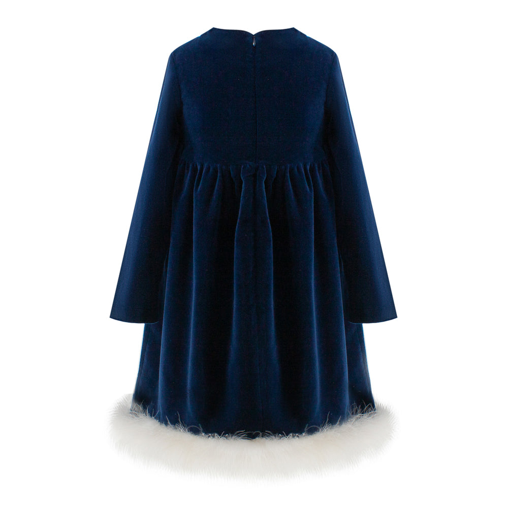 Marabou Fluff Trim Elegant Dress in Blue