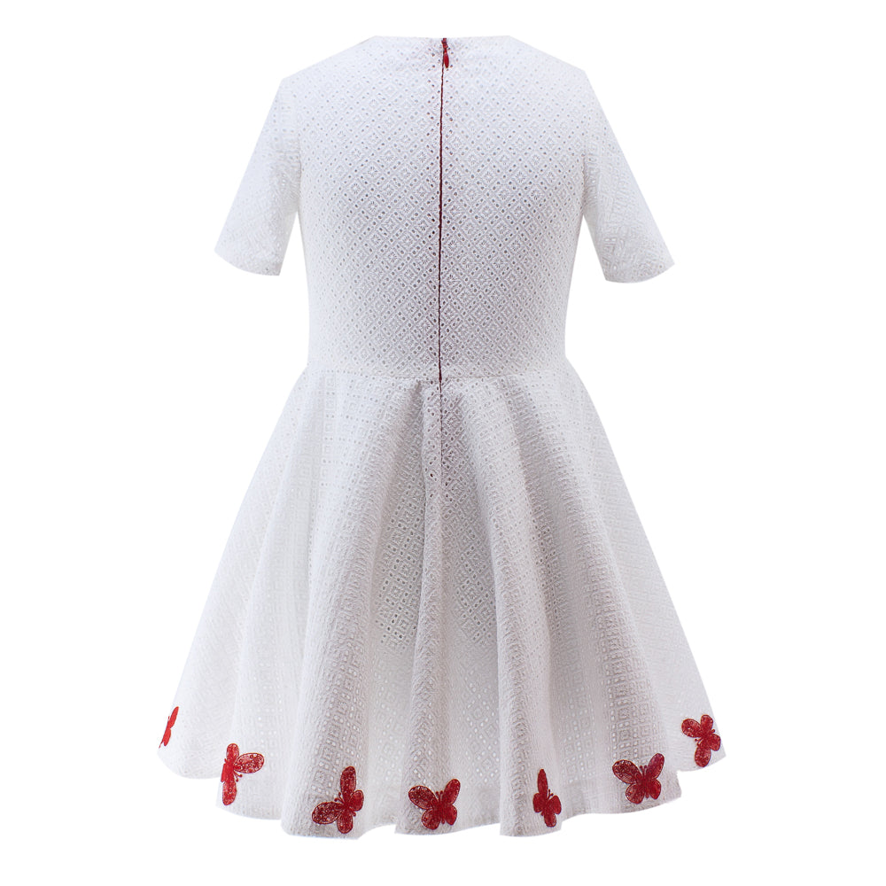 Red Butterflies Perforated Dress in White