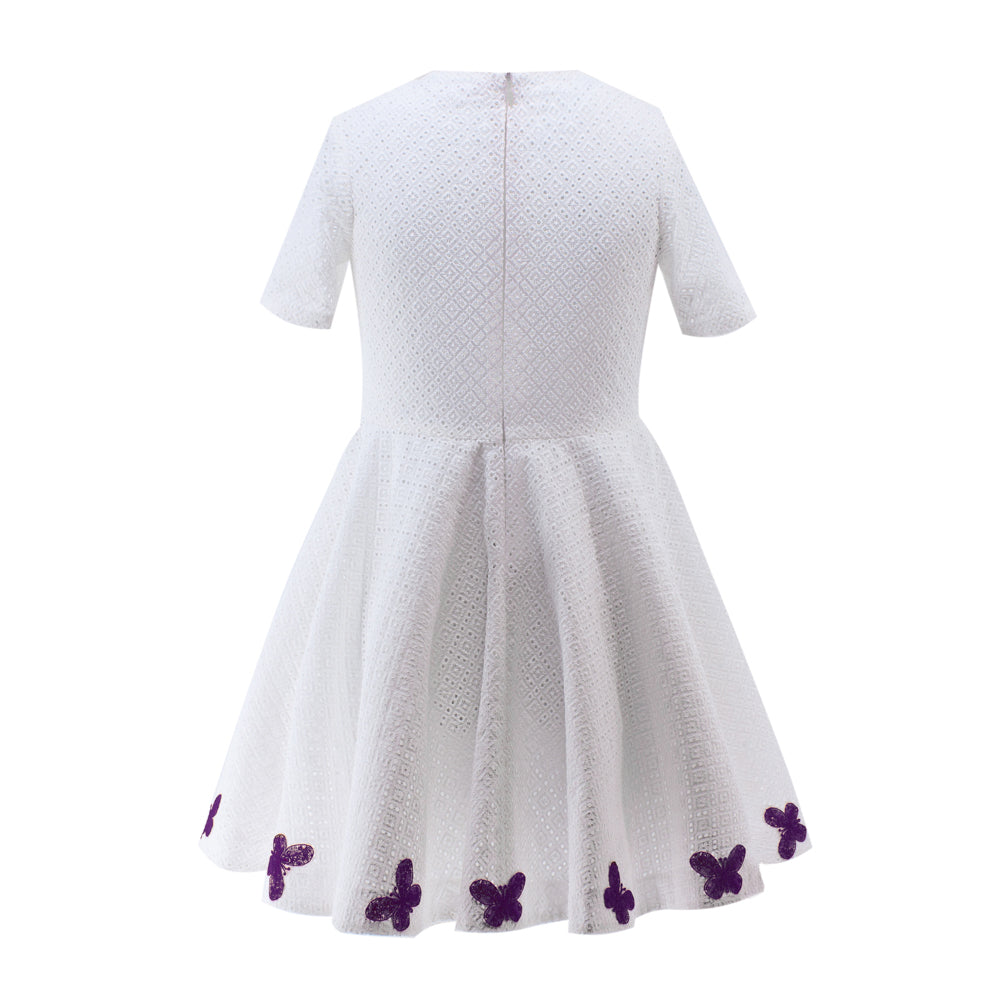Purple Butterflies Perforated Dress in White