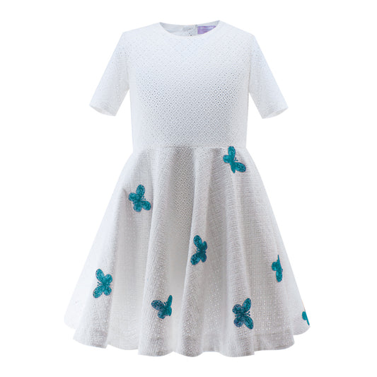 Turquoise Butterflies Perforated Dress in White