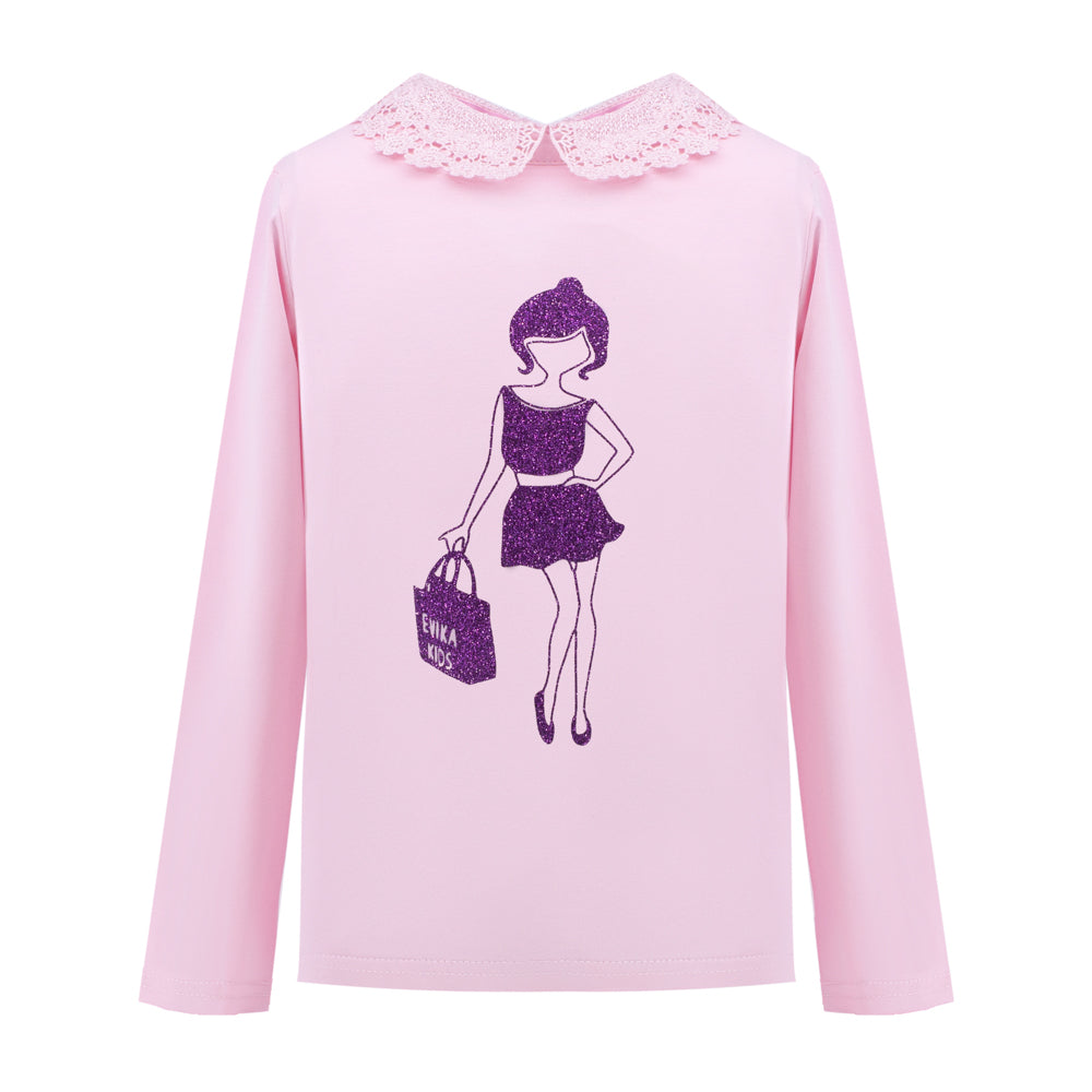 Eyelet Lace Collar Long Sleeve in Pink