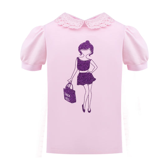 Eyelet Lace Collar T-Shirt in Pink