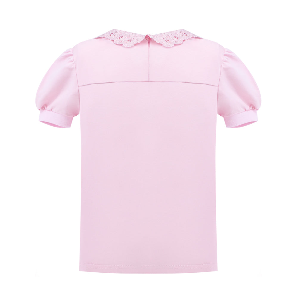 Eyelet Lace Collar T-Shirt in Pink
