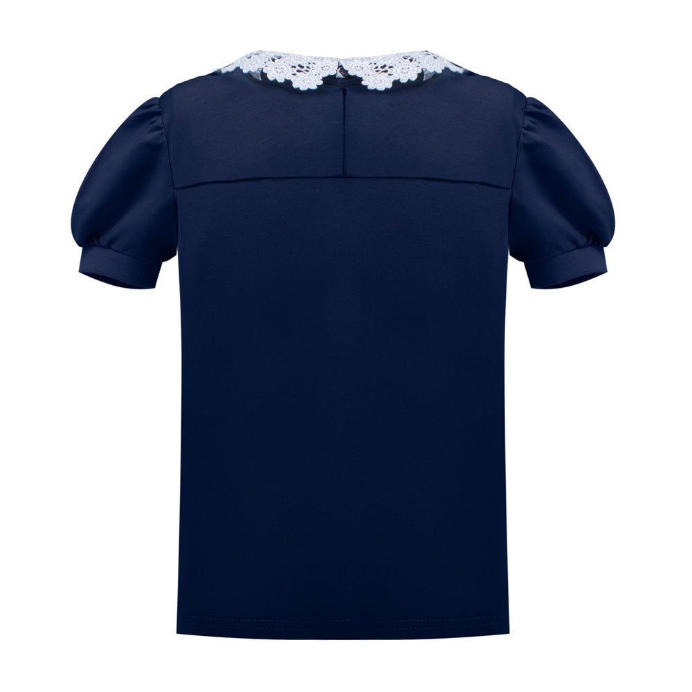Eyelet Lace Collar T-Shirt in Blue