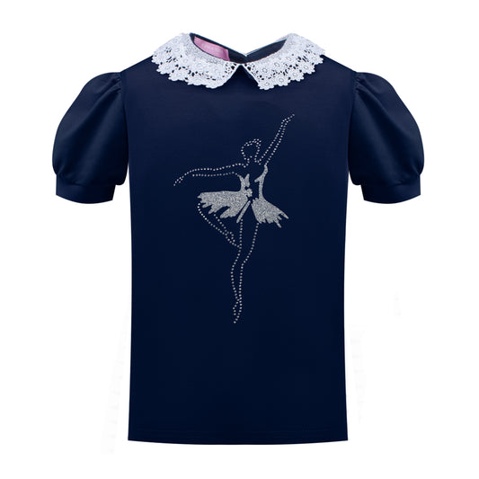 Eyelet Lace Collar T-Shirt in Blue