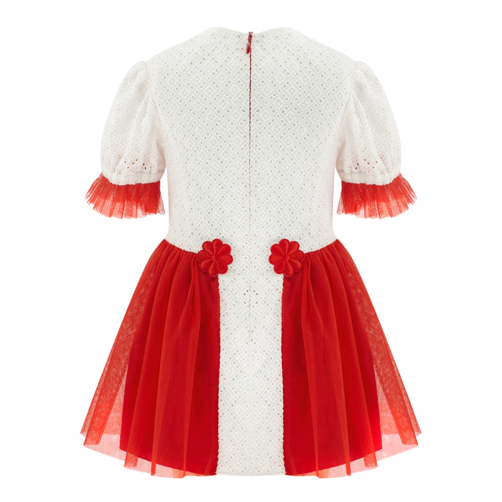 Flower Detailing Perforated Dress in White and Red
