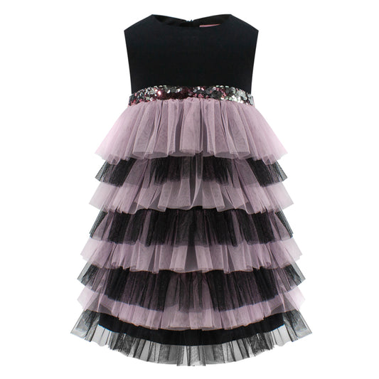 Ruffled Mesh Dress in Pink and Black